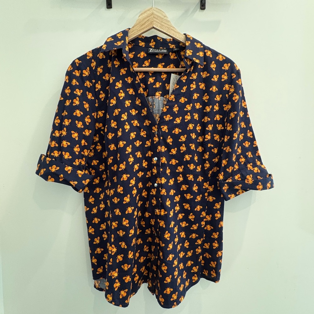 New York & Company Navy and Orange Floral Shirt NWT